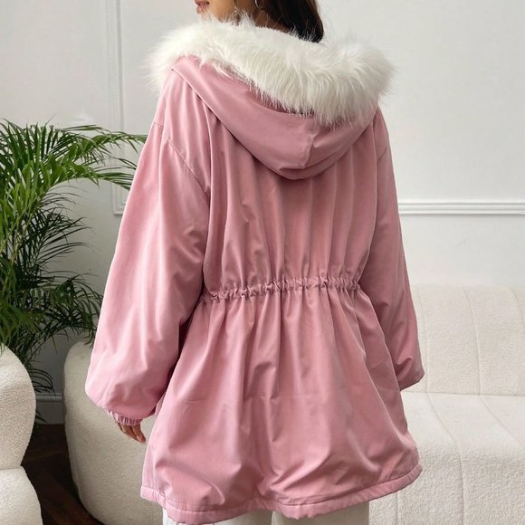 Pink Preppy Womens Fuzzy Trim Drawstring Waist Hooded Coat - Picture 3 of 5
